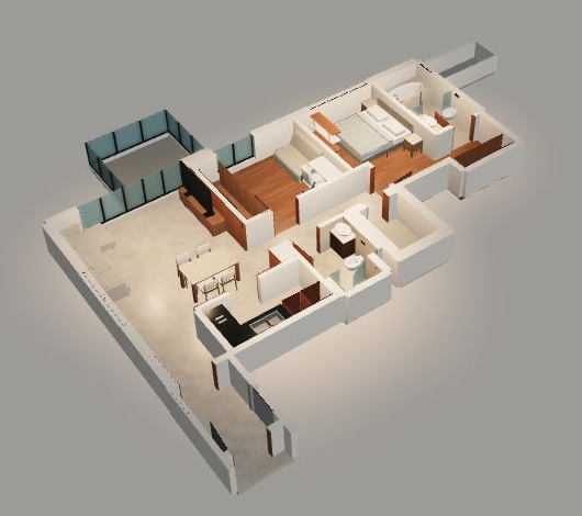 A diagonal view of the actual furnished apartment model with evening lighting